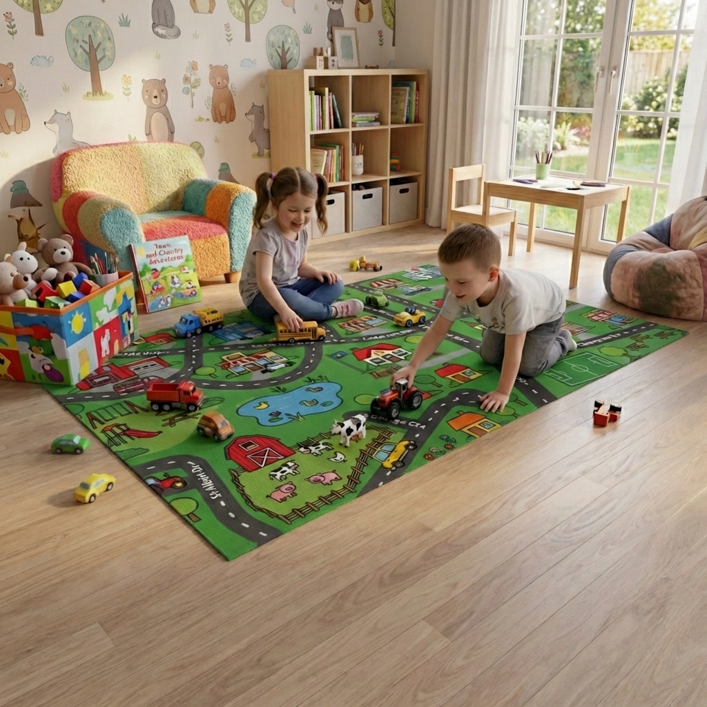 Child playing with toy cars on a Little Roads play mat