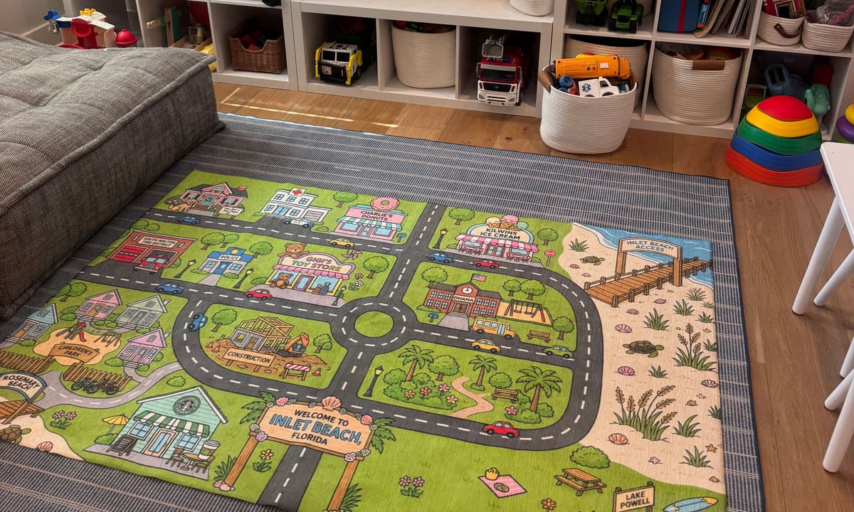 A Little Roads play mat of Inlet Beach, Florida on a playroom floor